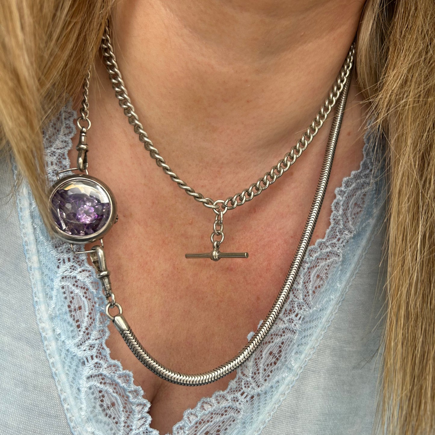 Antique Sterling Silver Watch Chain with Amethyst Shaker