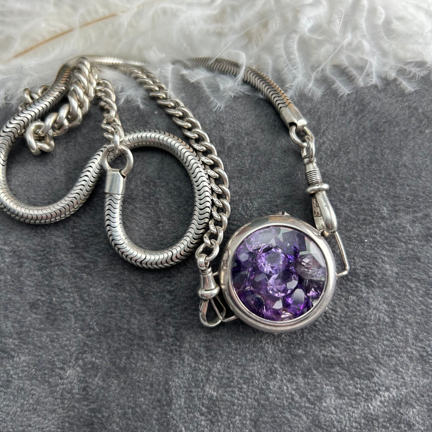 Antique Sterling Silver Watch Chain with Amethyst Shaker