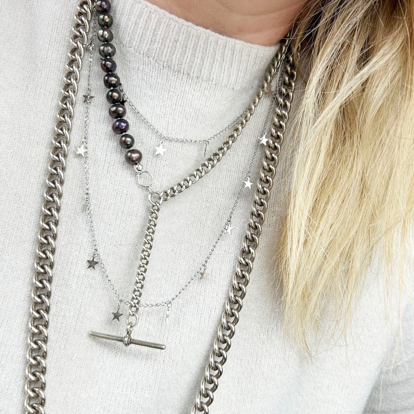 Sterling Silver Tbar Necklace & Pearls