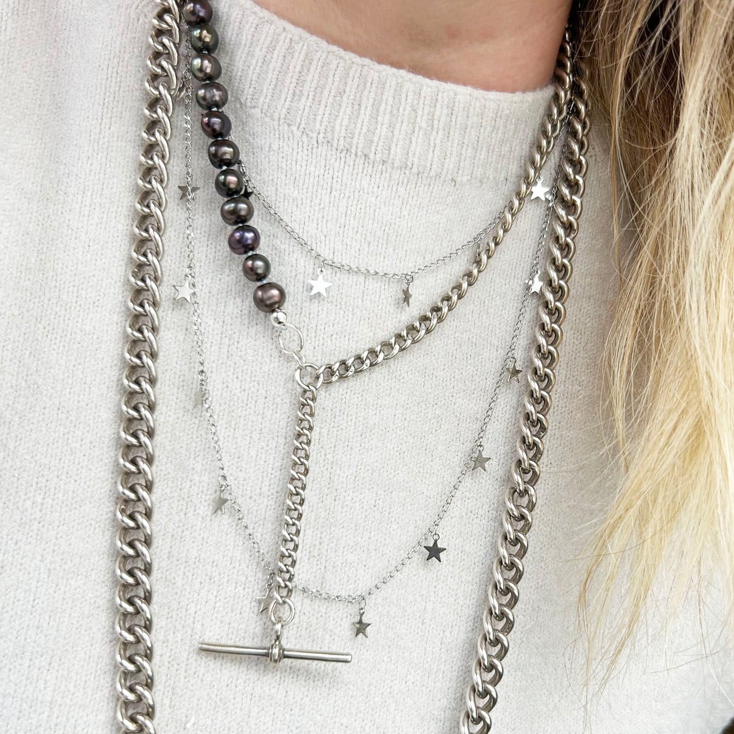 Sterling Silver Tbar Necklace & Pearls