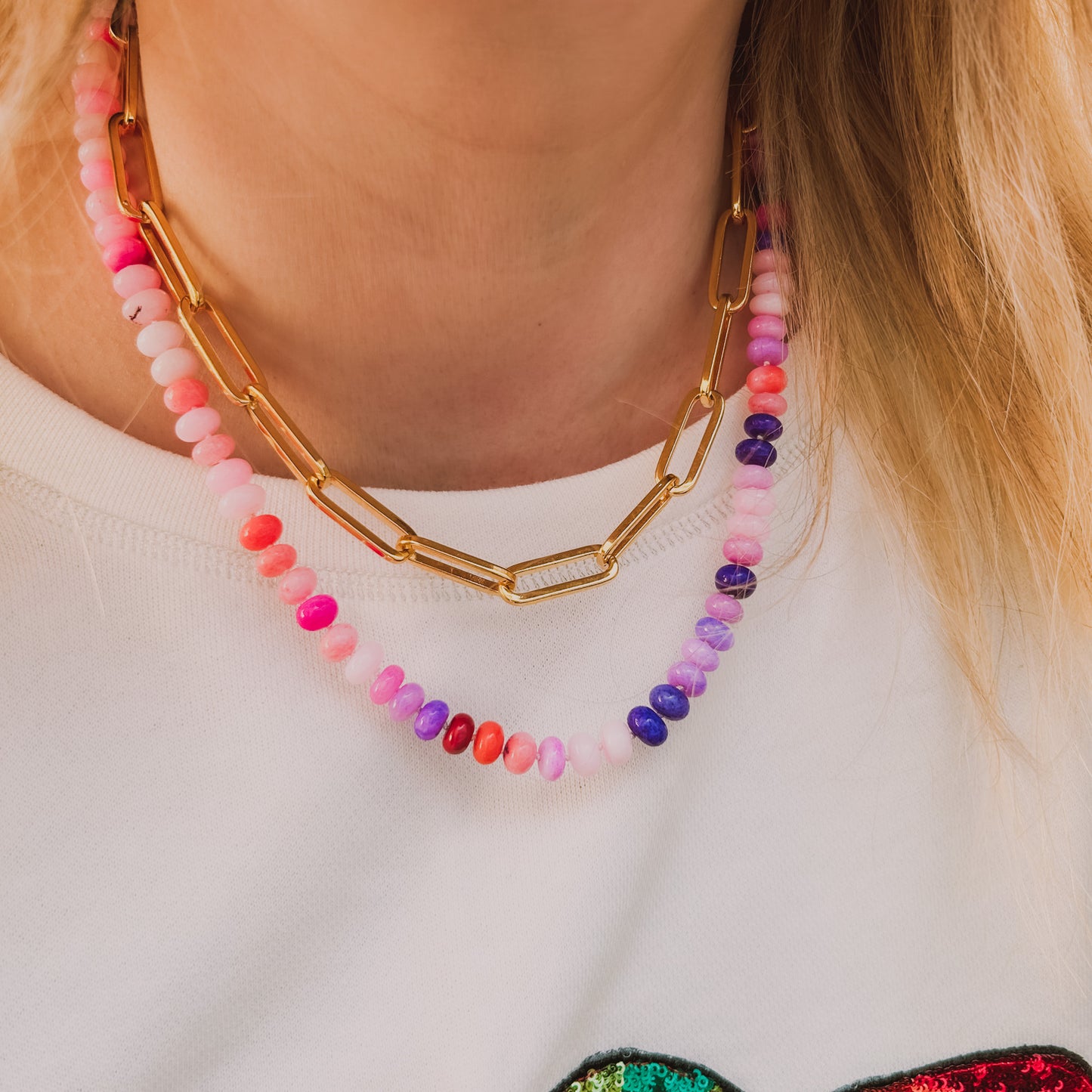 Gold Gemstone Necklace | Pink Opal Dopamine