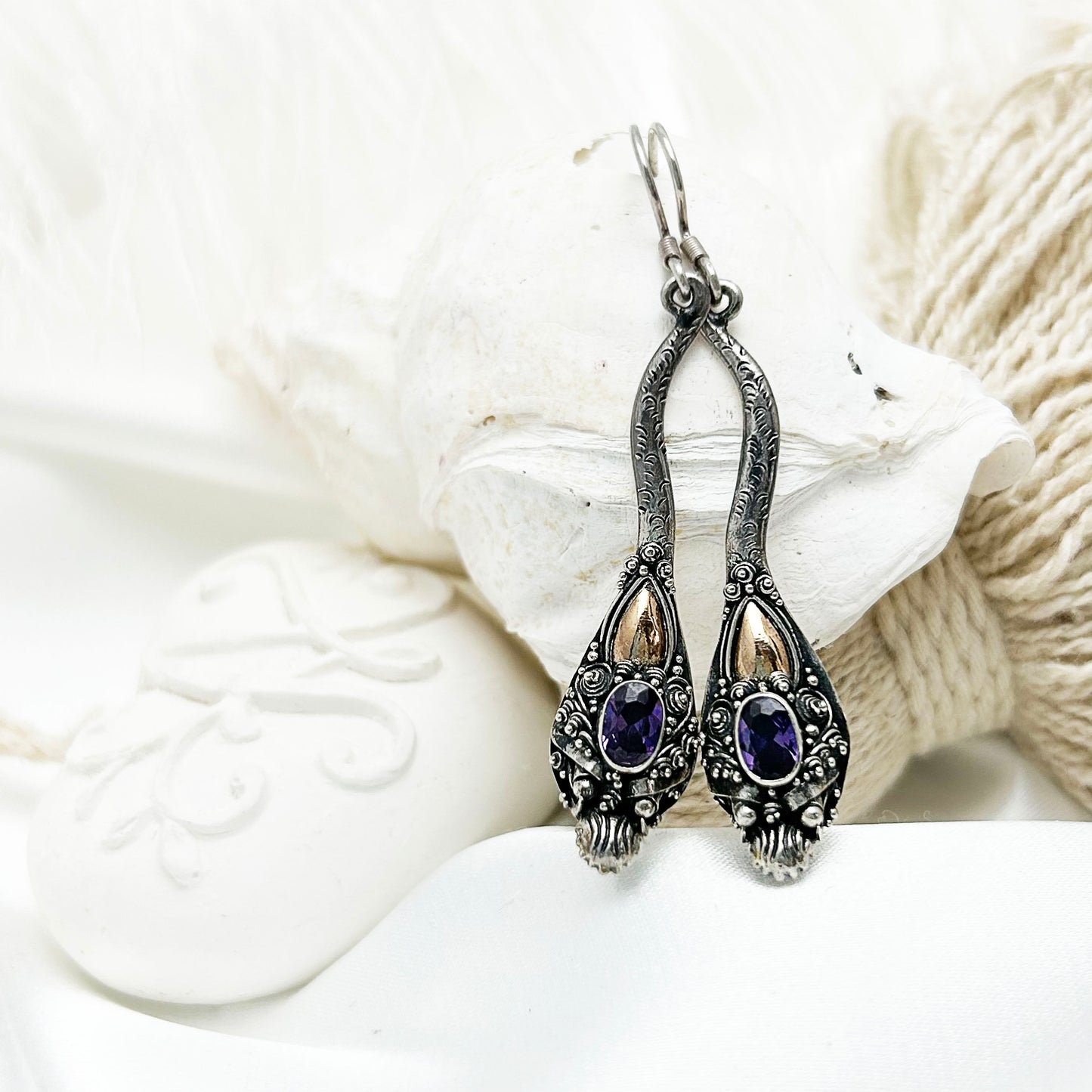 Vintage Silver Snake Earrings | Amethyst