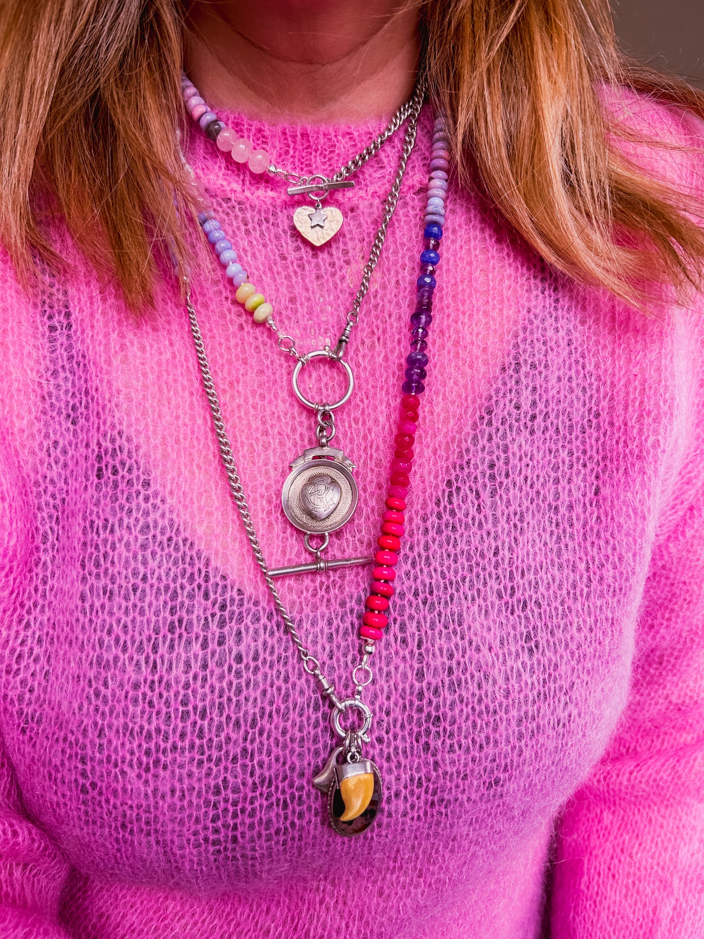 Opal, Pearl & Rose Quartz Sterling Silver Necklace with Vintage Charms