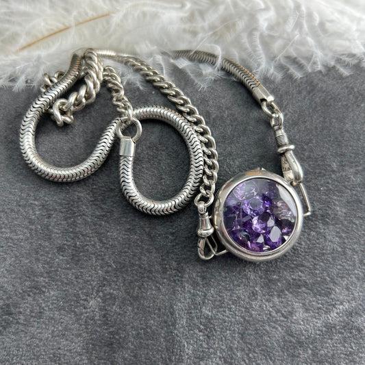 Antique Sterling Silver Watch Chain with Amethyst Shaker