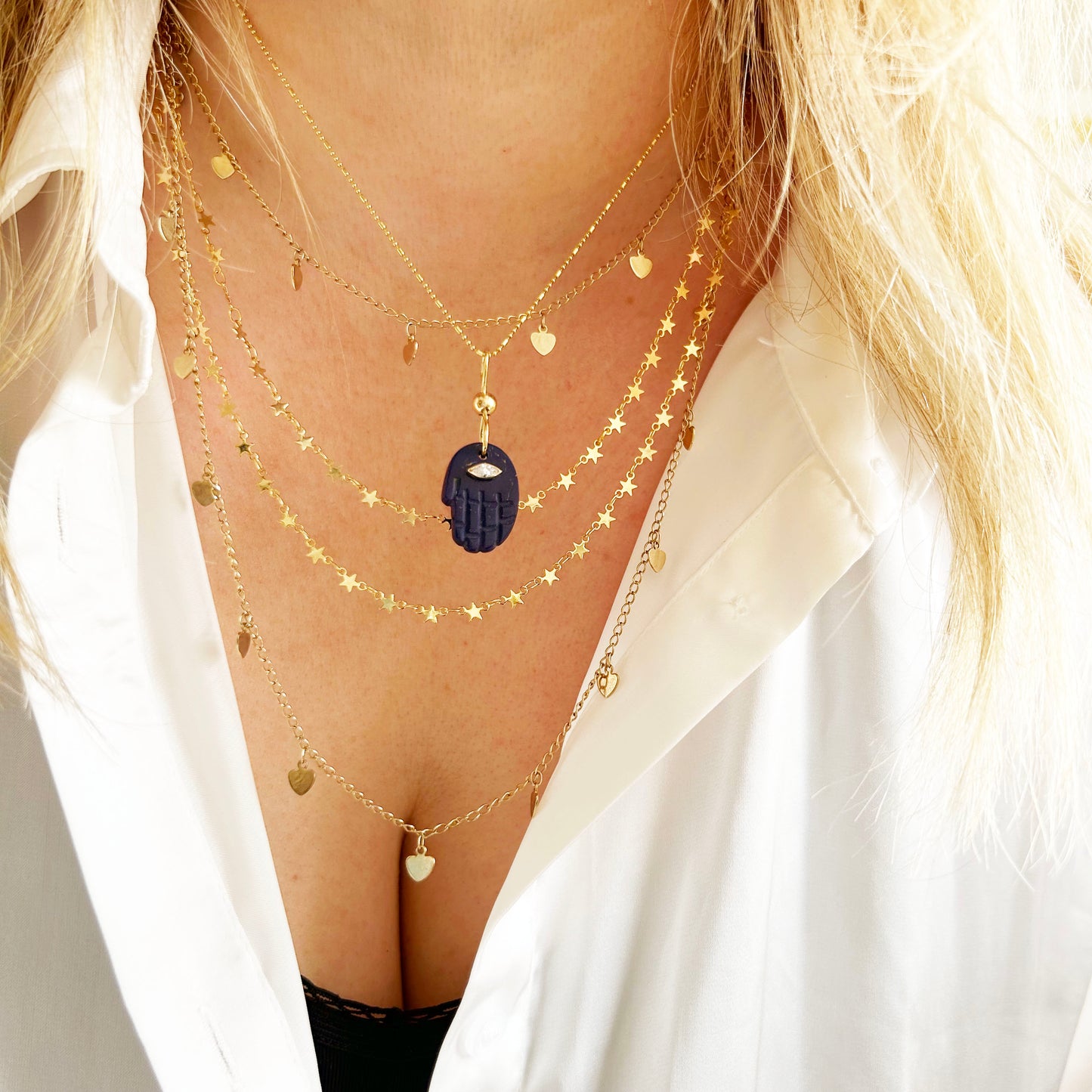 Gemstone Hamsa Charm Necklace | Malachite, Onyx or Lapis