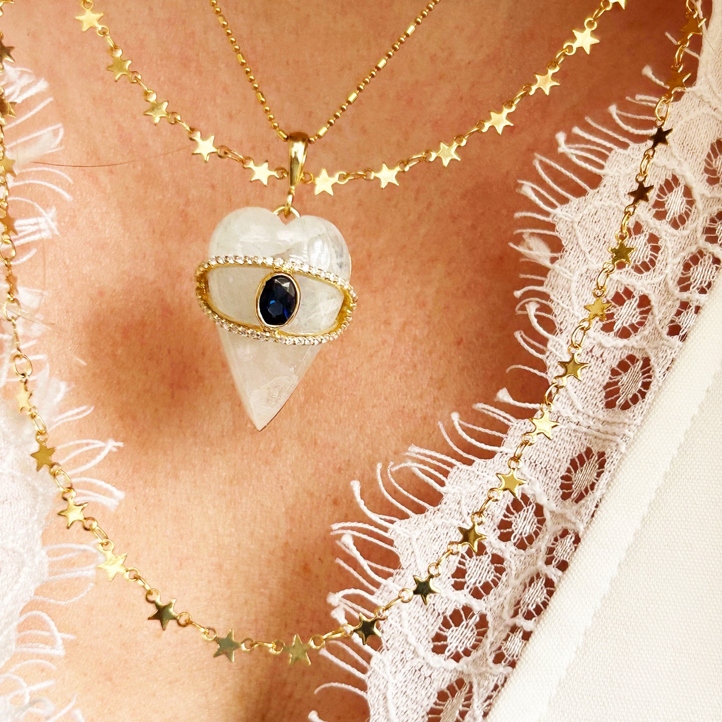 Moonstone Gemstone Heart Necklace | Evil Eye Heart
