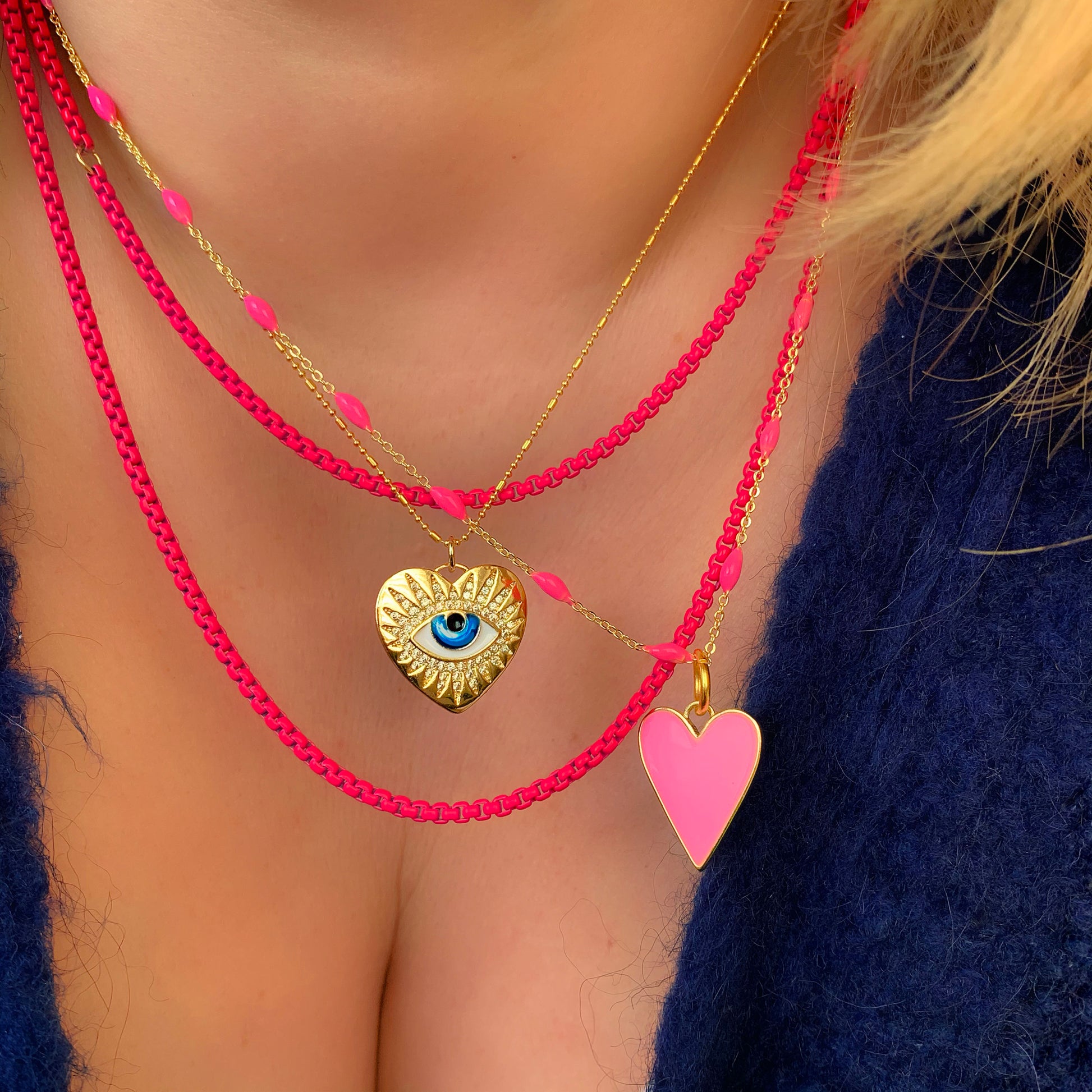 gold evil eye necklace blue pink chain