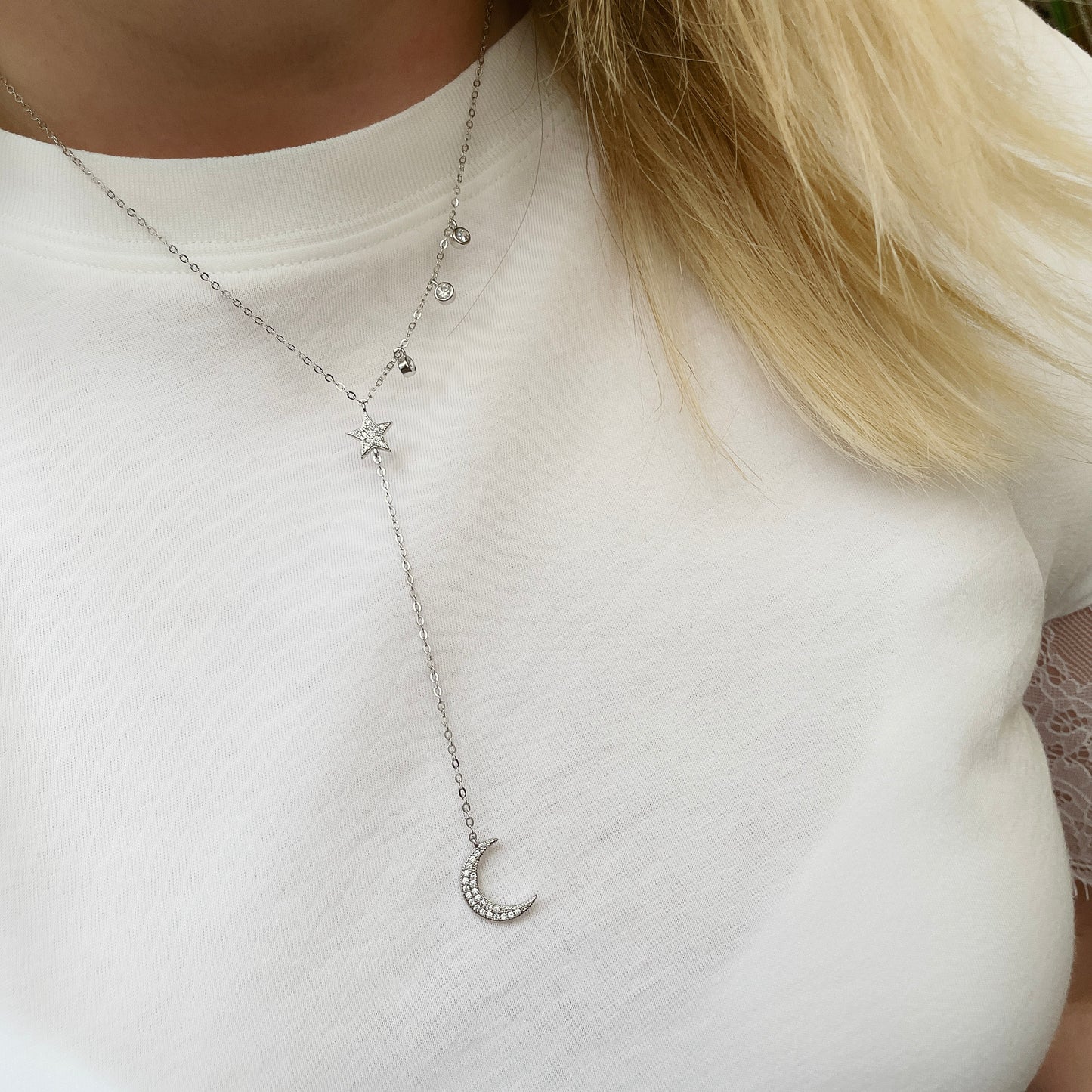 Crescent Moon Silver Necklace | Lariat Style