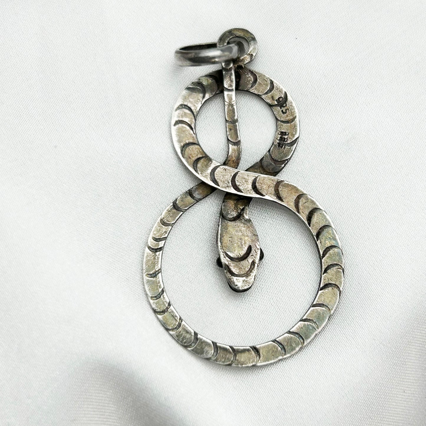 Vintage Serpent Snake with Onyx Eyes Sterling Silver Pendant