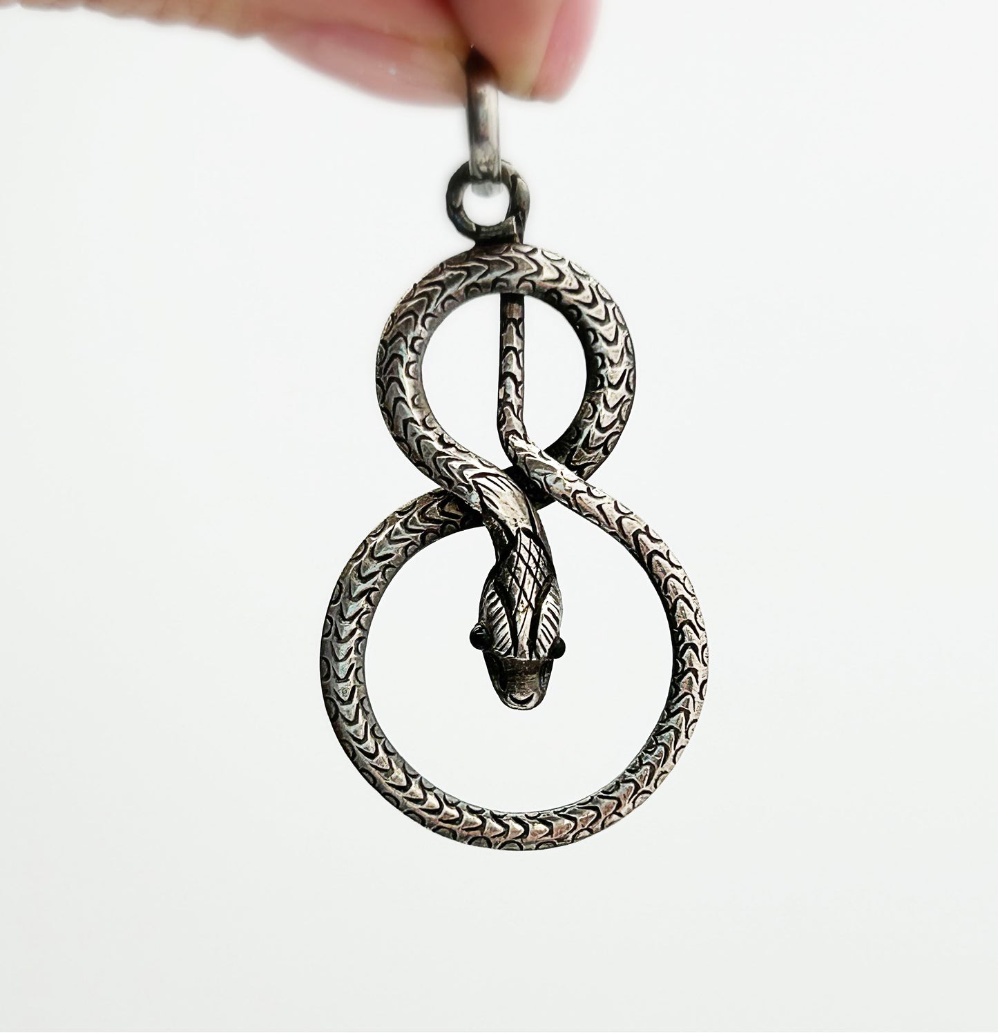 Vintage Serpent Snake with Onyx Eyes Sterling Silver Pendant